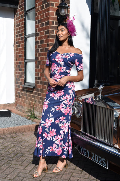 Navy & Pink Floral V Neck Maxi Dress with Ruched Detail