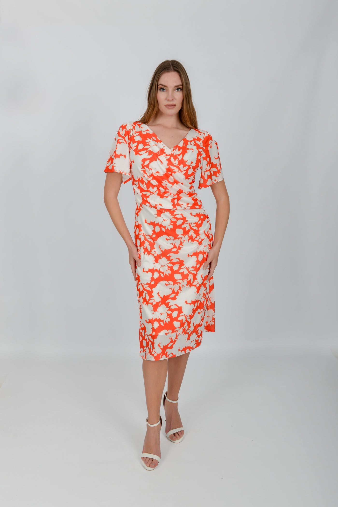 Orange & White Floral Print Wrap Dress