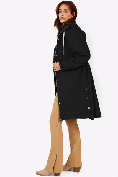 Black Coat With Button Detailing on Sides & Hood