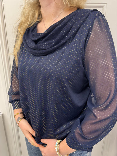 Navy Dot Print Shimmer Top With Cowl Neck & Sheer Sleeves