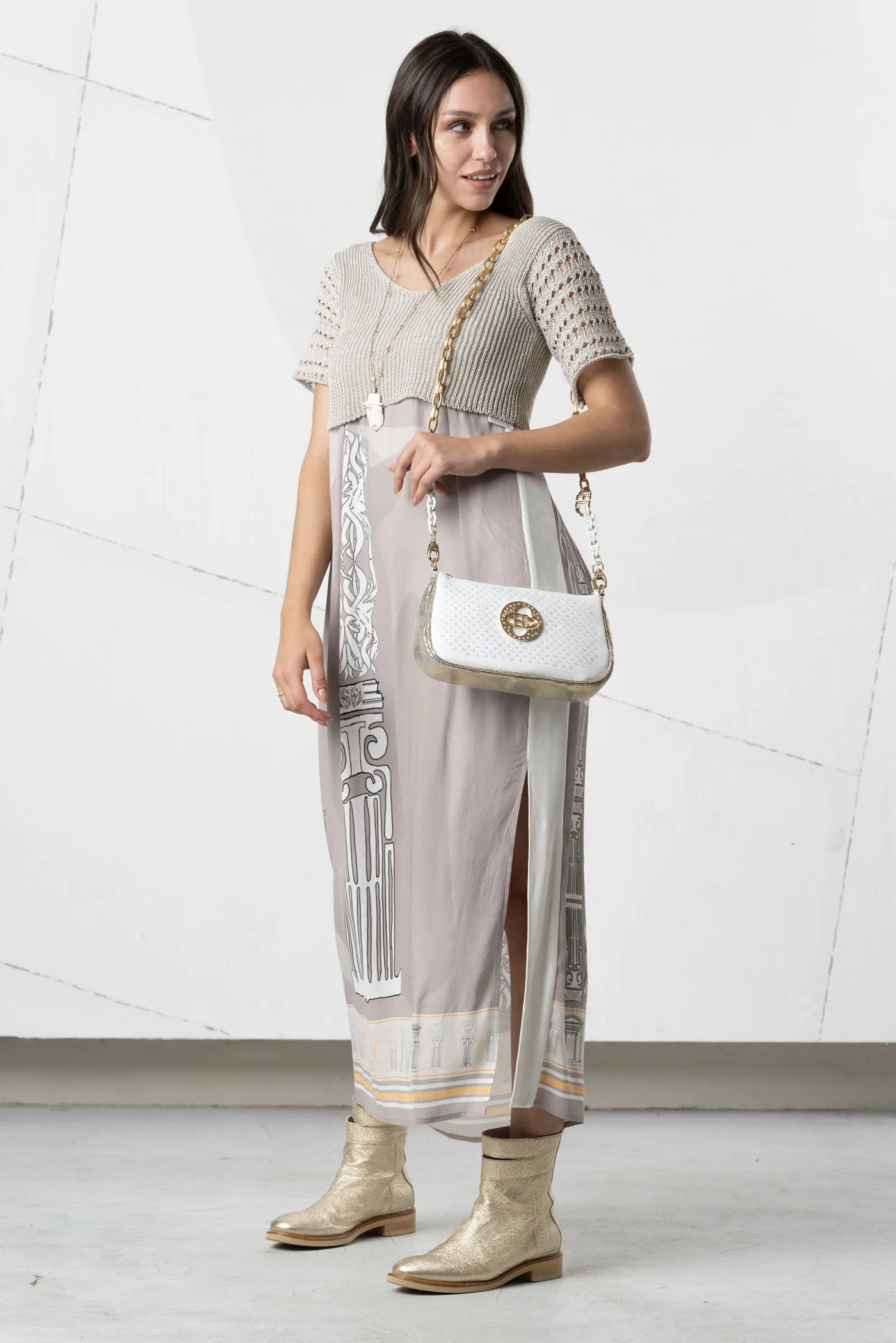2 Piece Beige Dress With Knitted Half Short Sleeve Jumper