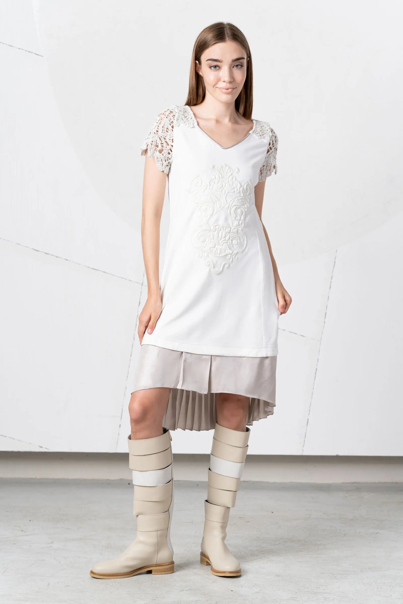 Cream Dress with Crochet Sleeves and Pleated Skirt