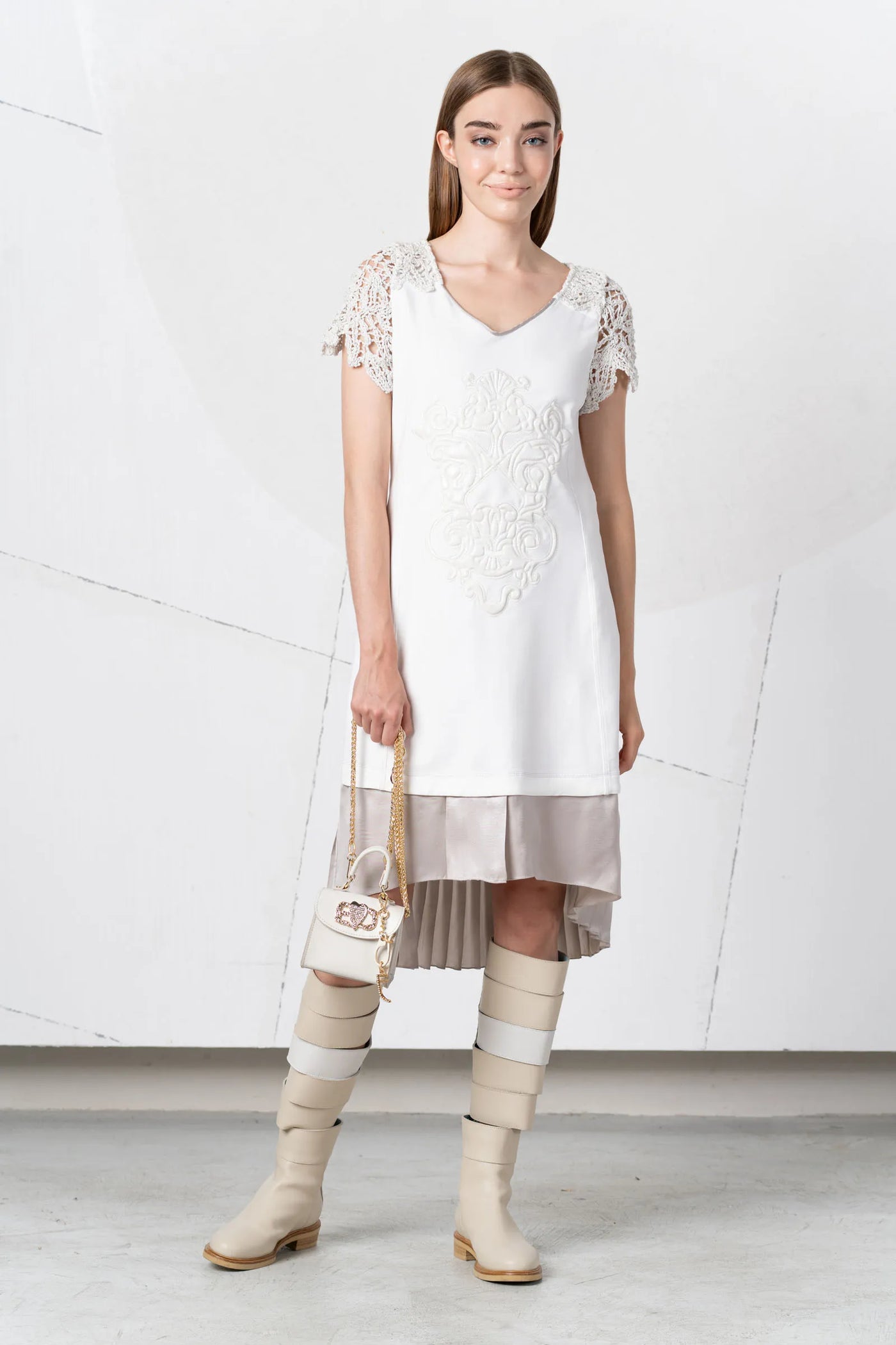 Cream Dress with Crochet Sleeves and Pleated Skirt