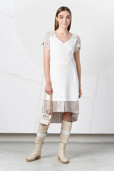 Cream Dress with Crochet Sleeves and Pleated Skirt