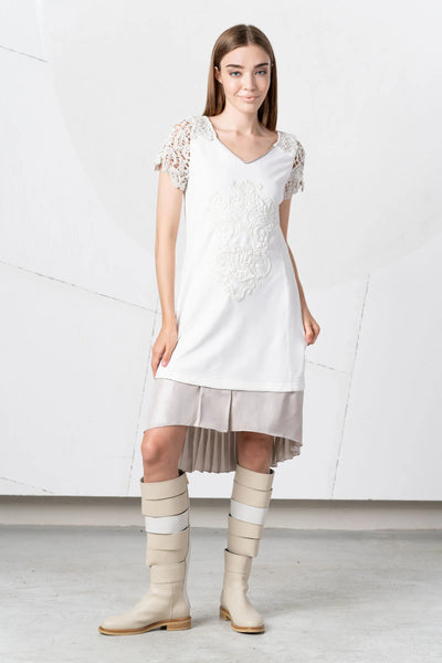 Cream Dress with Crochet Sleeves and Pleated Skirt