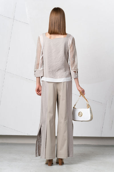 Beige Top With Building Print & Mesh Sleeve
