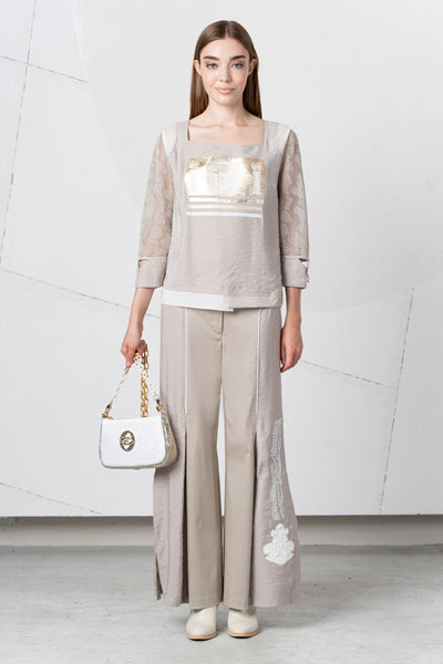 Beige Top With Building Print & Mesh Sleeve