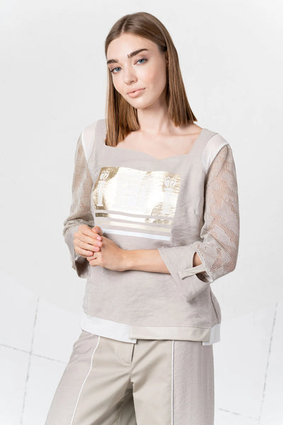 Beige Top With Building Print & Mesh Sleeve