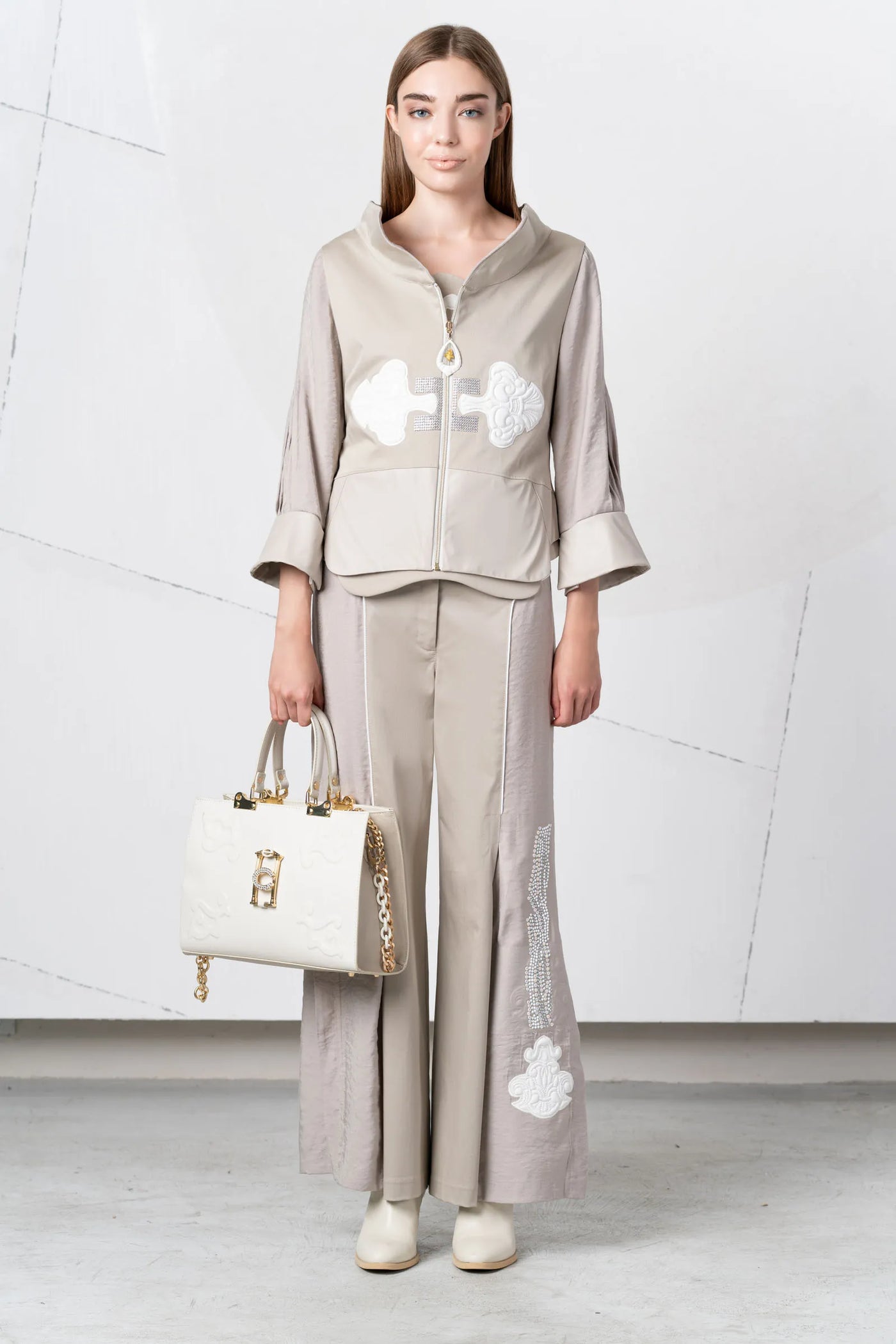Beige Jacket  With Shell Zip & Diamonte Writing on Back