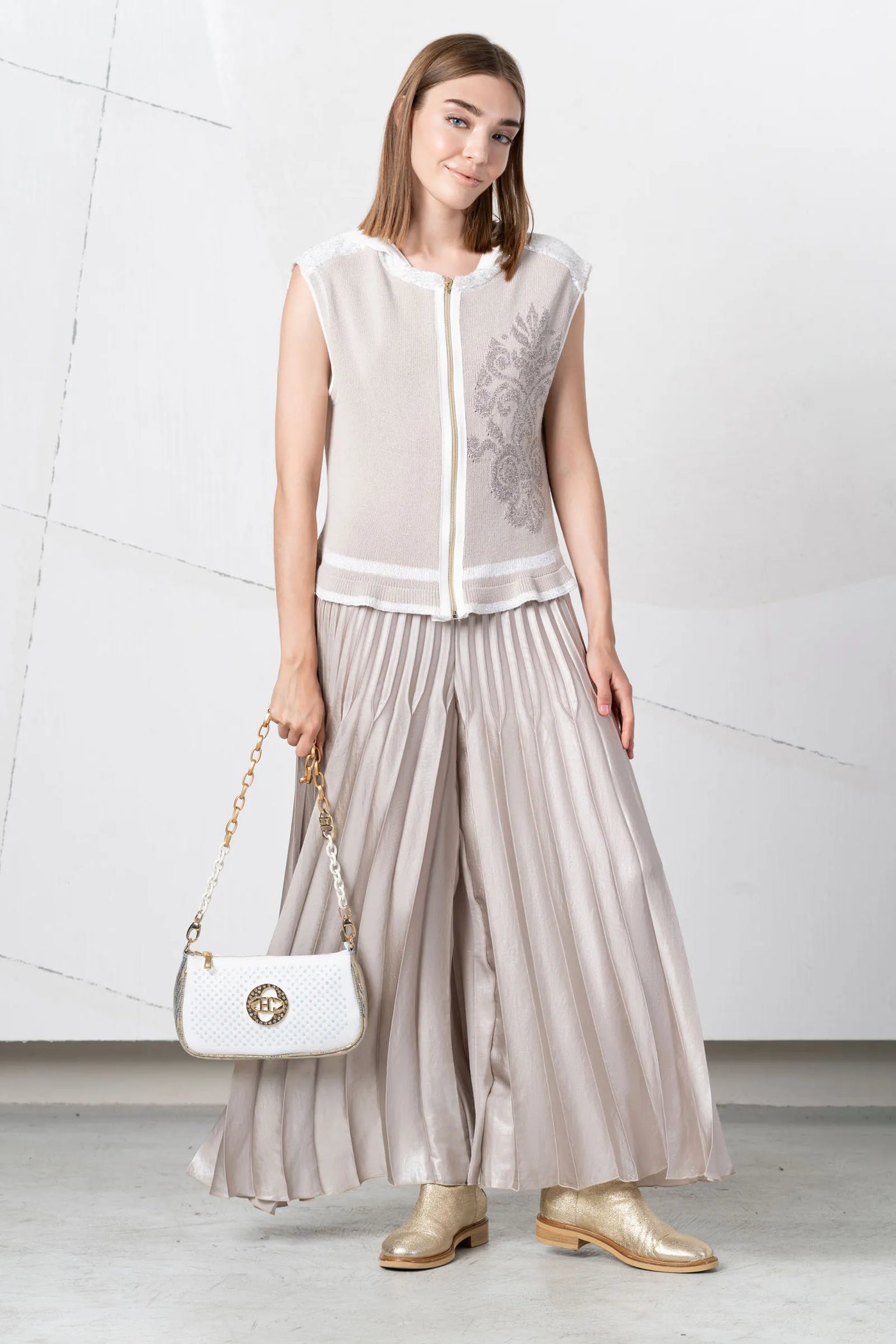 Taupe Pleated Culottes with Elasticated Waistband