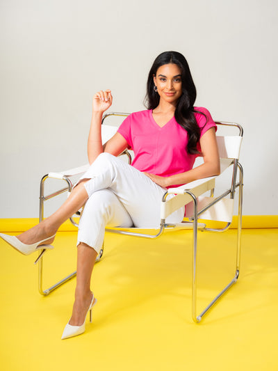 Pink T-shirt With V-Neck & Mesh Detail
