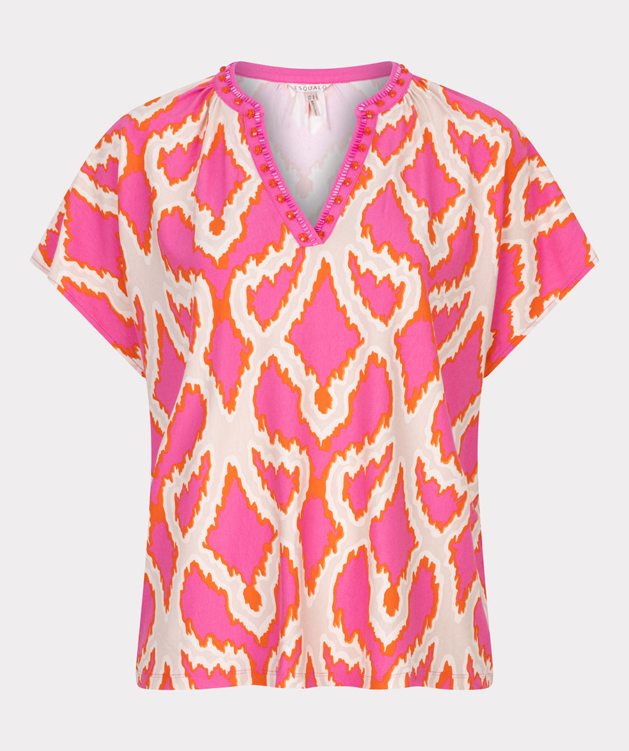 Pink Aztec Print T-Shirt with Beaded Grandfather Collar