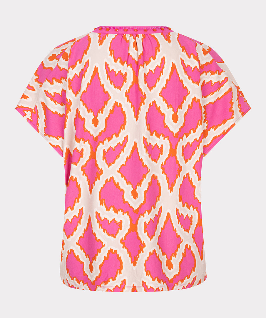 Pink Aztec Print T-Shirt with Beaded Grandfather Collar