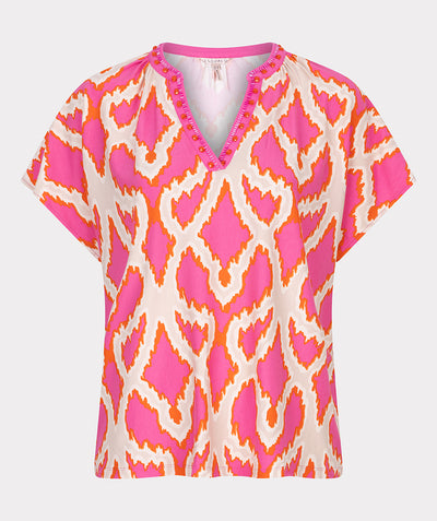 Pink Aztec Print T-Shirt with Beaded Grandfather Collar