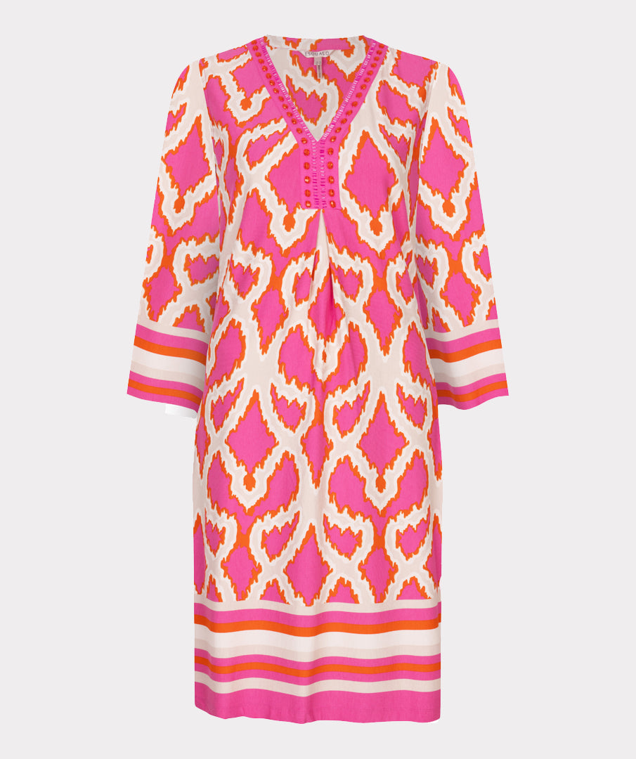 Pink Aztec Print Dress with Beaded V-Neck
