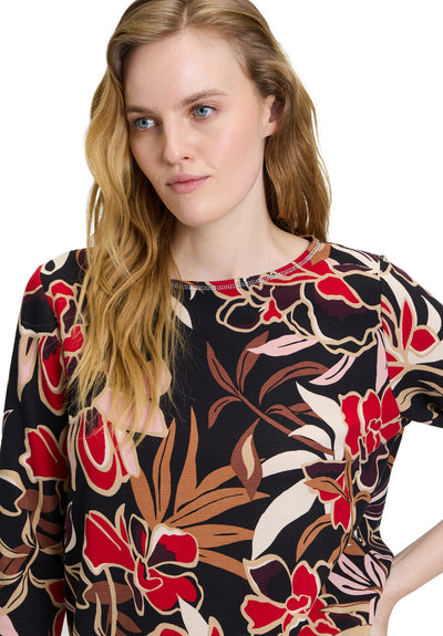 Black Red & Cream Round Neck Top with 3/4 Sleeves