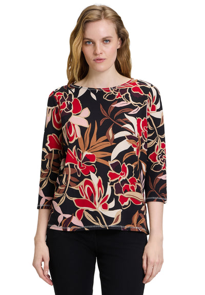 Black Red & Cream Round Neck Top with 3/4 Sleeves