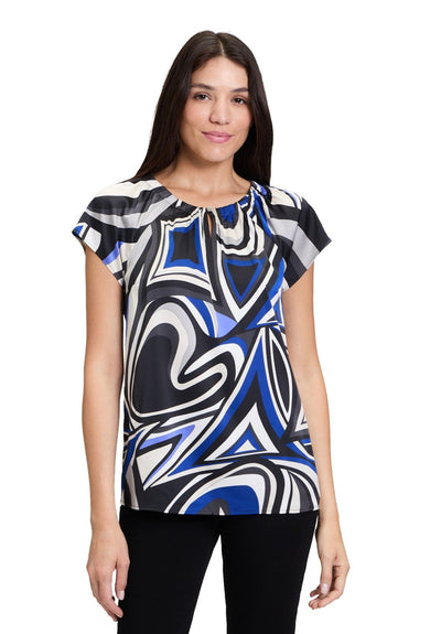 Blue, Vanilla & Black Blouse With Button Detail