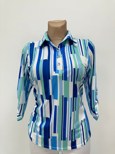 Striped Top with Shirt Style Collar and Silver Buttons