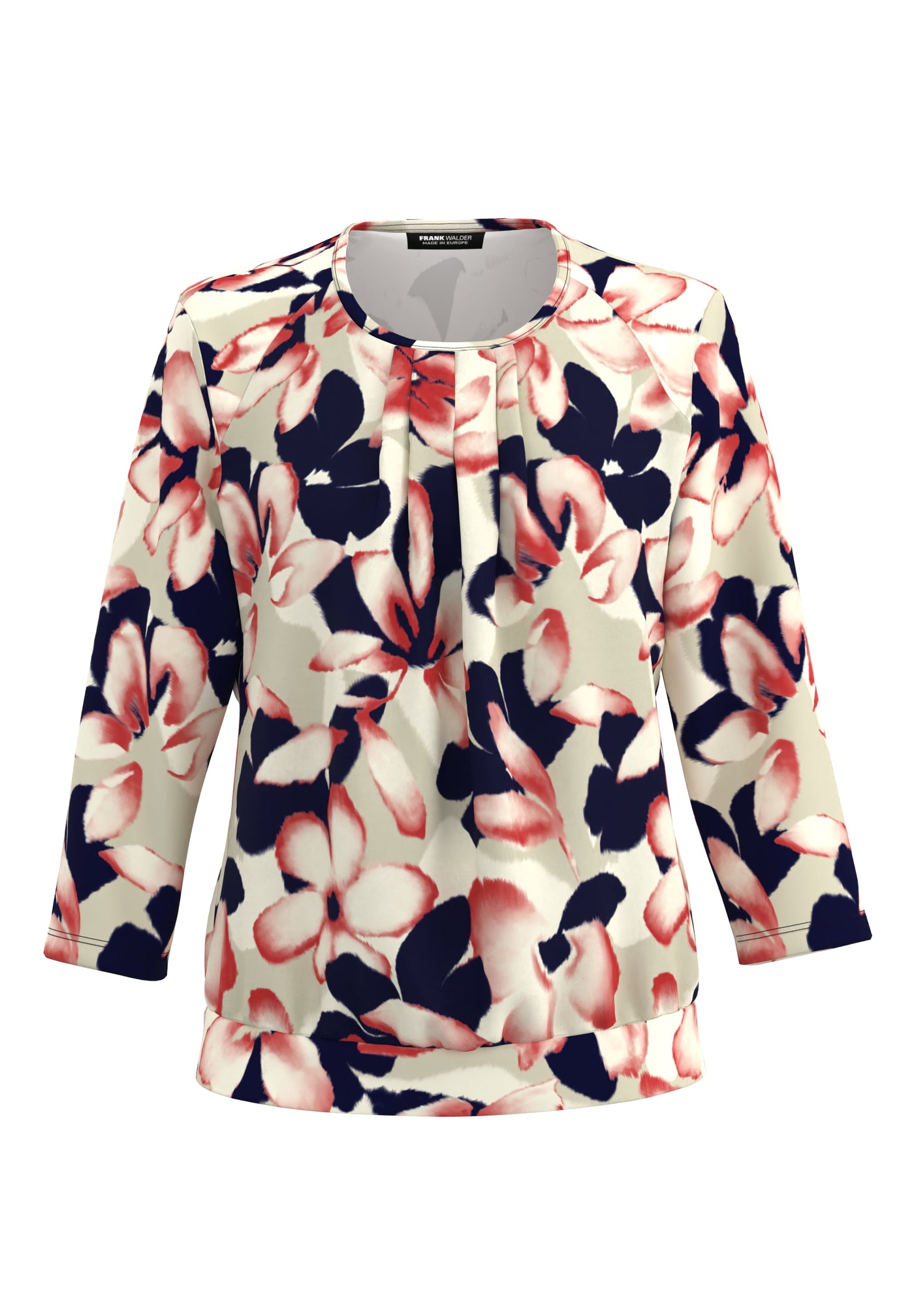 Red Floral Round Neck Pleated Top