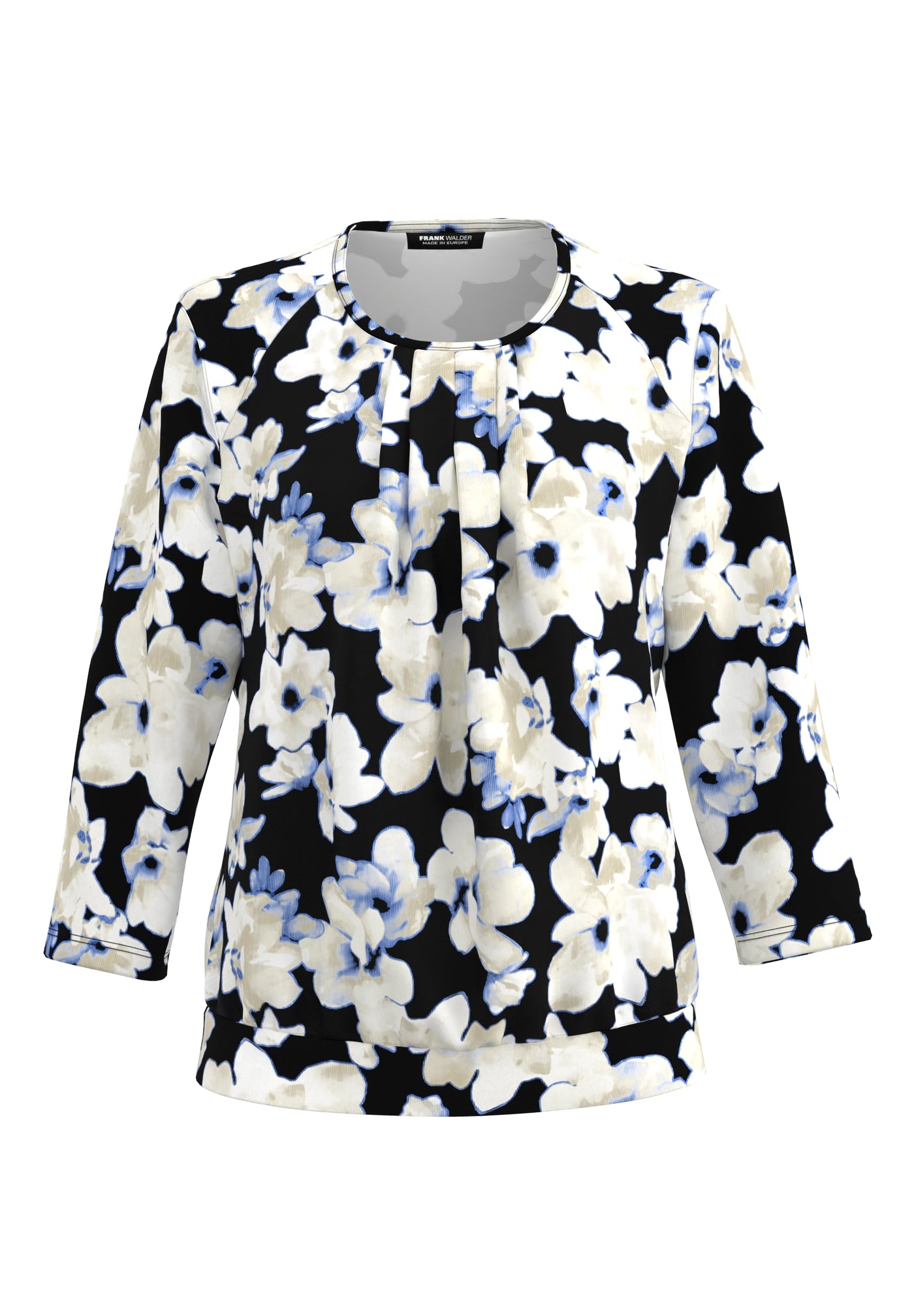 Cream and Midnight Blue Floral Pleated Top