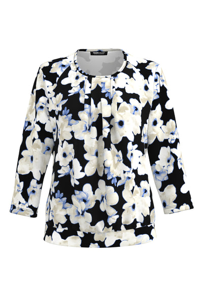 Cream and Midnight Blue Floral Pleated Top
