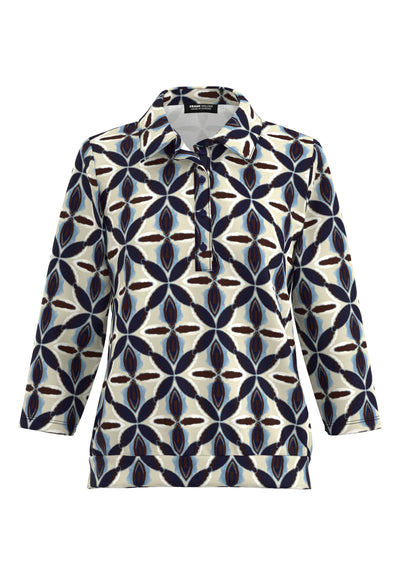 Sand and Navy Floral Print Shirt Style Top