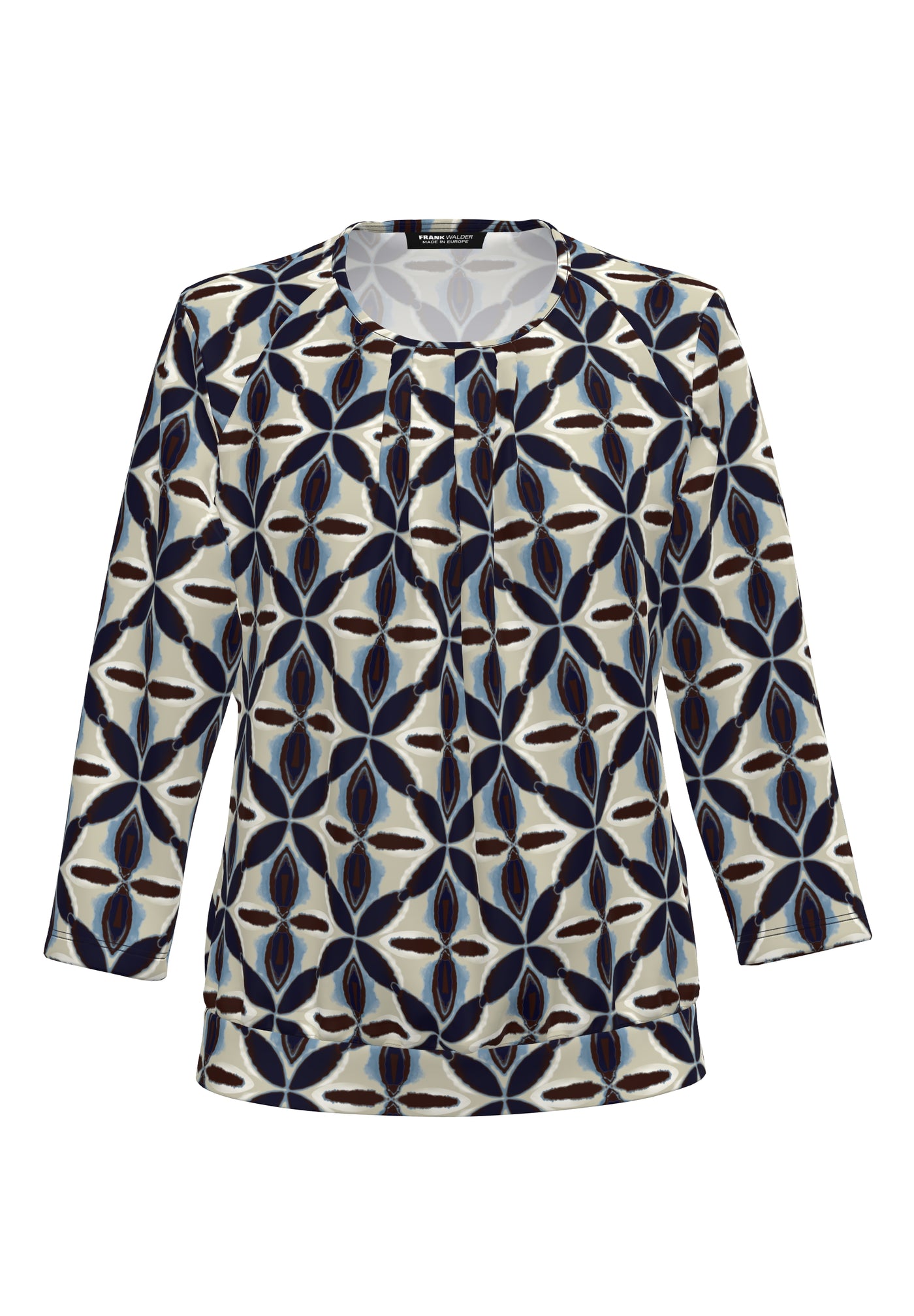 Navy and Sand Floral Pleated Round Neck Top