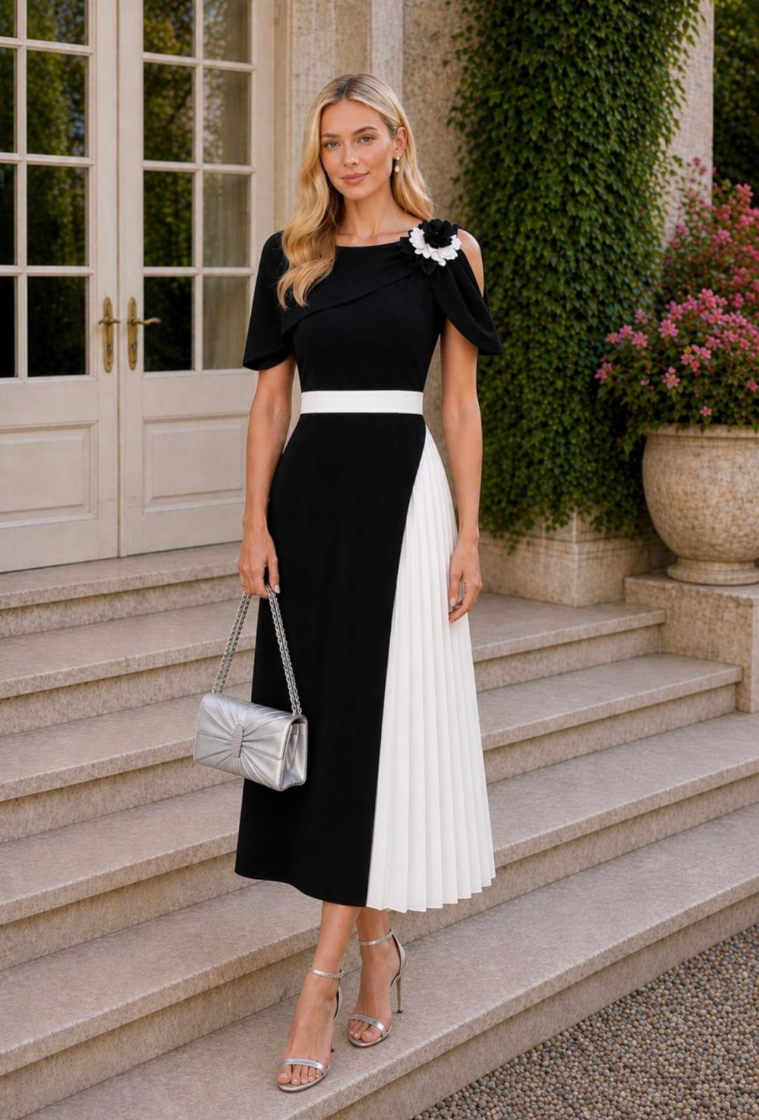 Black and Off White Dress with Pleated Detail – La Creme Boutique
