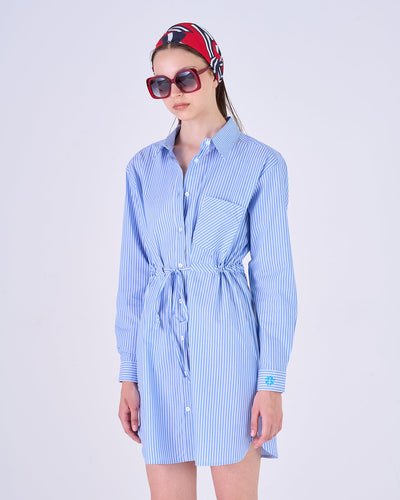 Blue & White Striped Button Up Dress With Drawstring & Breast Pocket Detailing