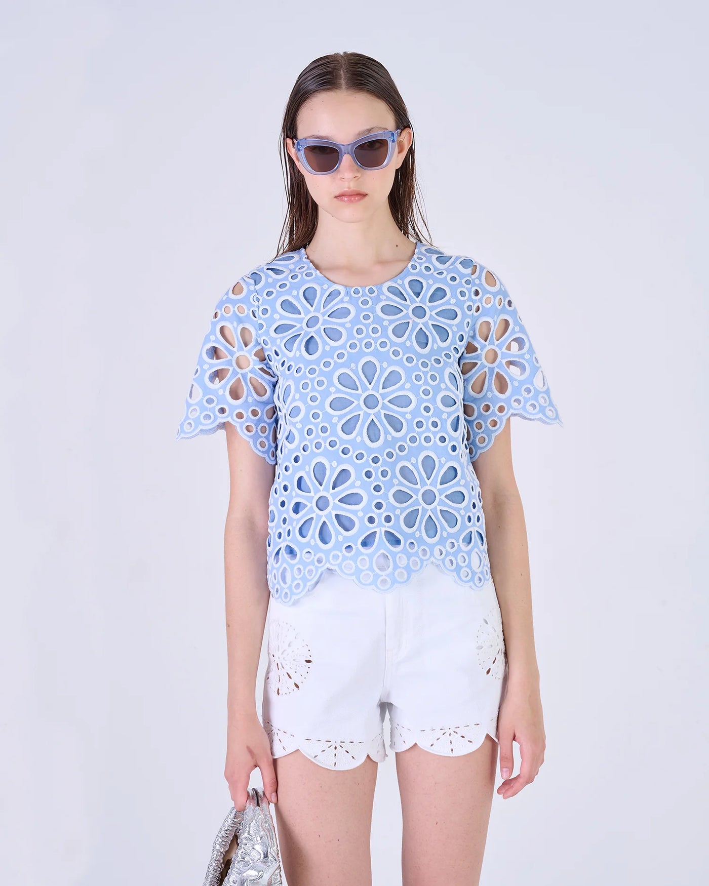 Blue & White Floral Cut Out Top With Round Neck