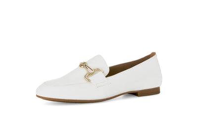 White Loafer Shoe With Gold Detailing