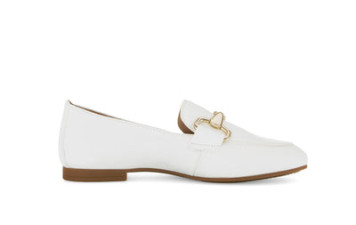 White Loafer Shoe With Gold Detailing