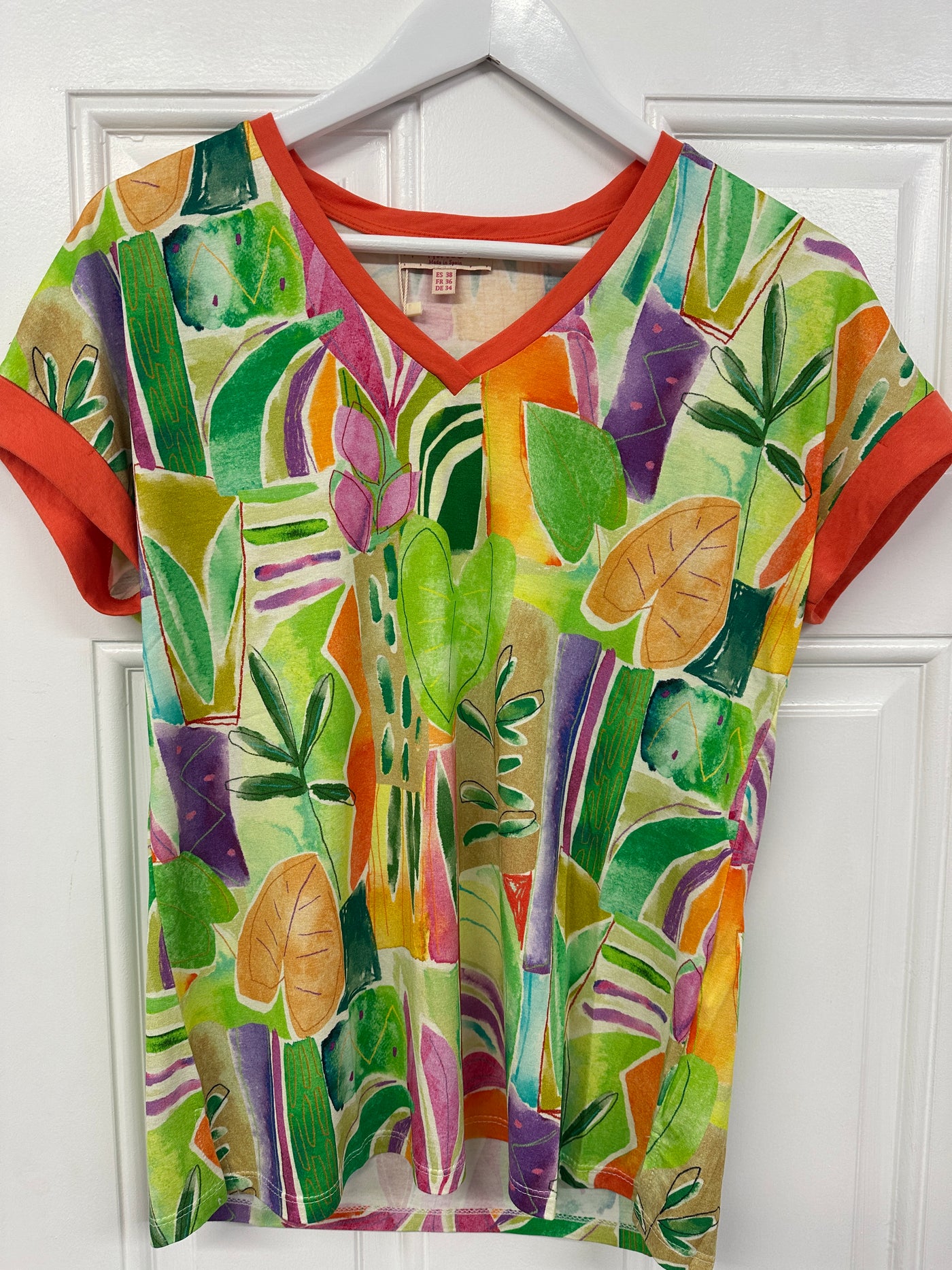 Green Abstract V-Neck Top with Orange Trim