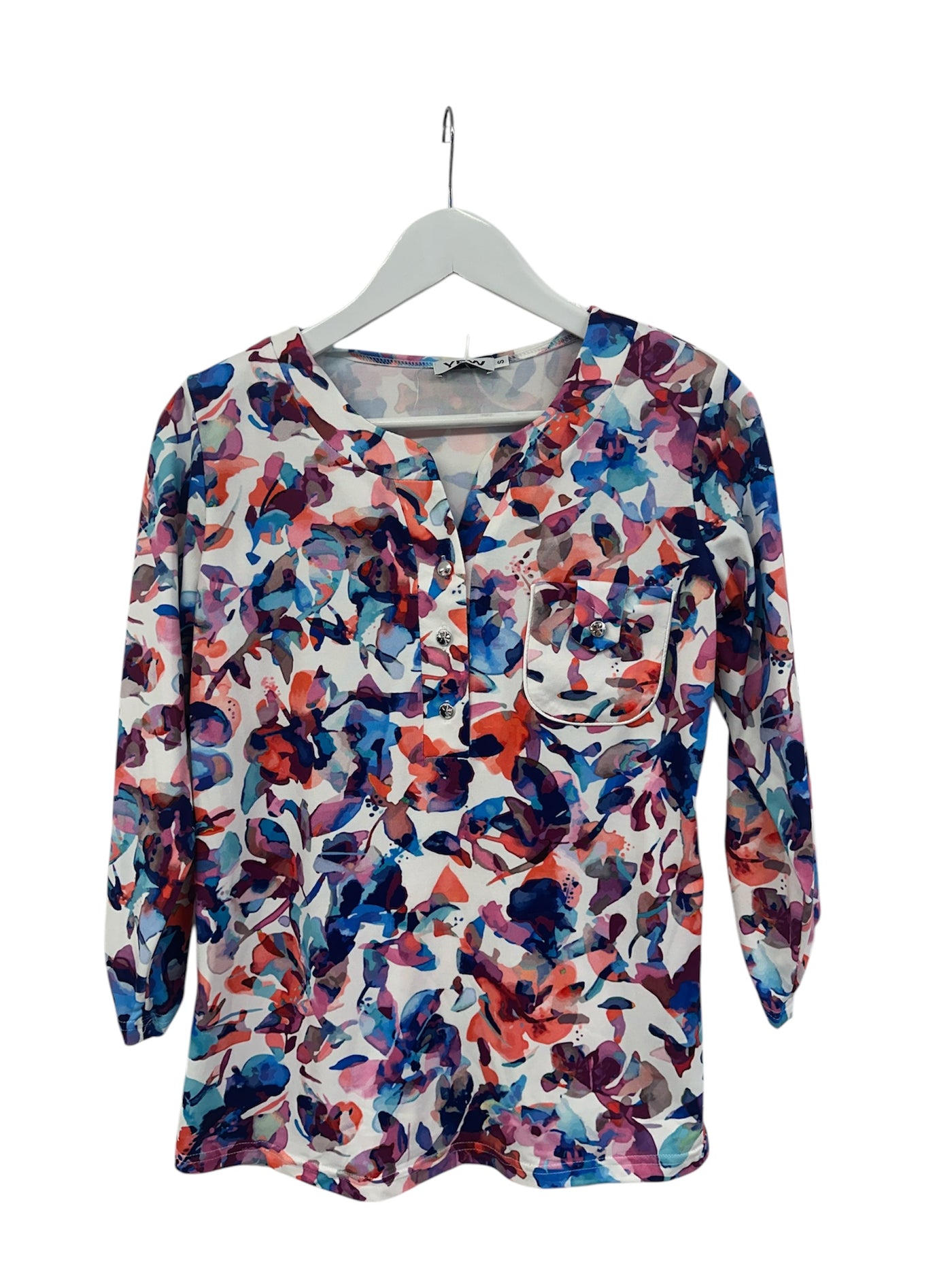 Floral Top with Grandfather Collar and Breast Pocket