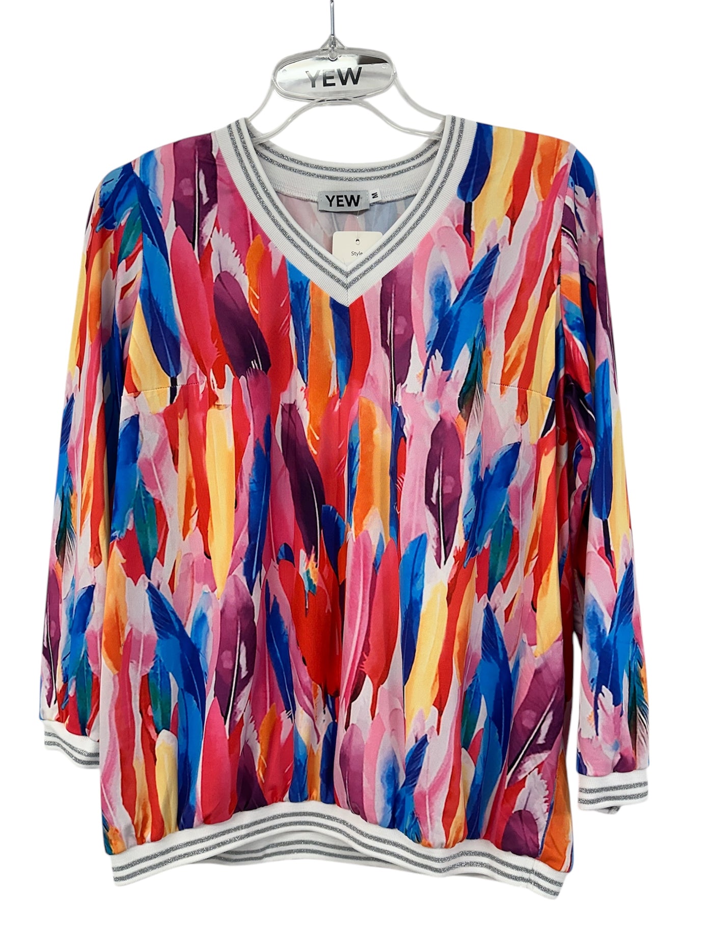 Multi Coloured Feather Effect Top with V-Neck
