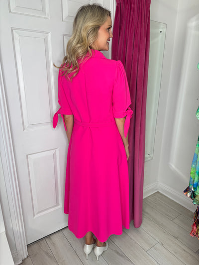 Hot Pink Dress with Collar and Belt with Tie Detail on Sleeve