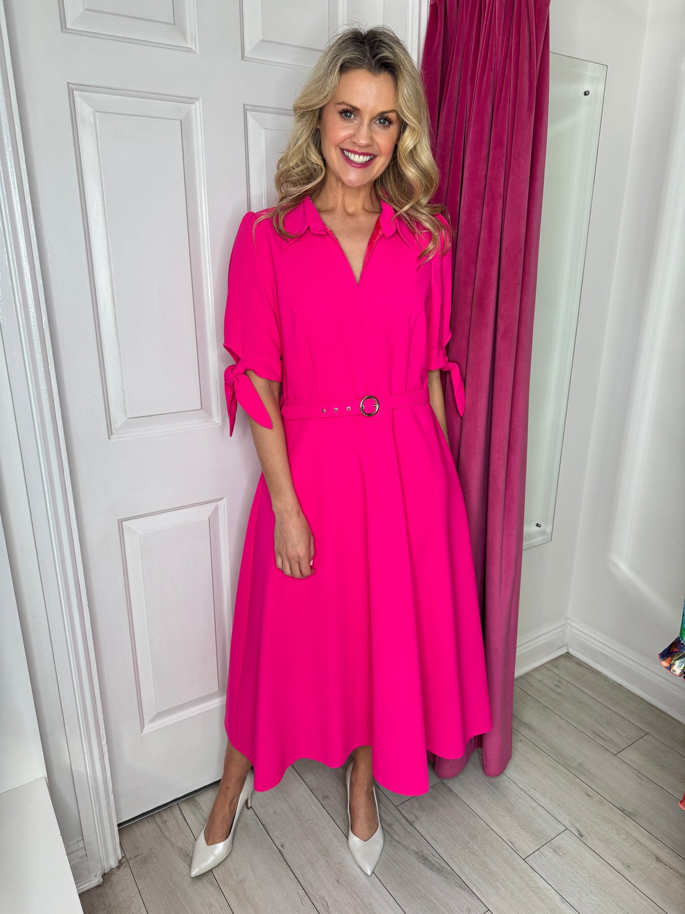 Hot Pink Dress with Collar and Belt with Tie Detail on Sleeve