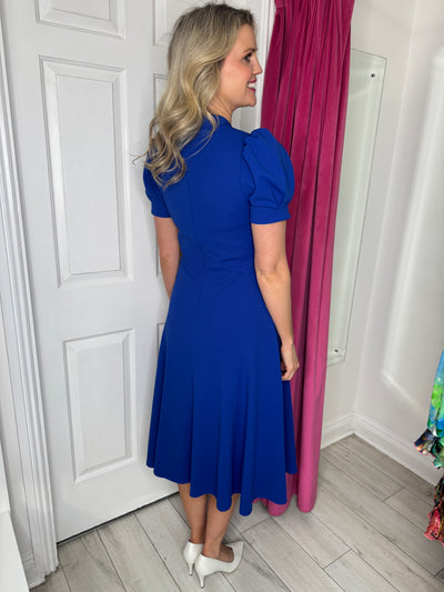 Royal Blue V-Neck Dress with Puffed Sleeves