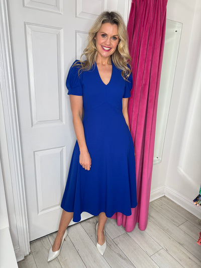 Royal Blue V-Neck Dress with Puffed Sleeves