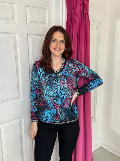 Multicoloured Animal Print V-Neck Top with Silver Detailed Trim