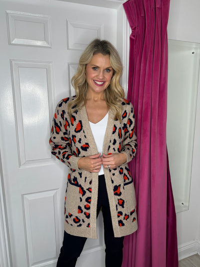 Beige, Orange and Navy Animal Print Knit Cardigan