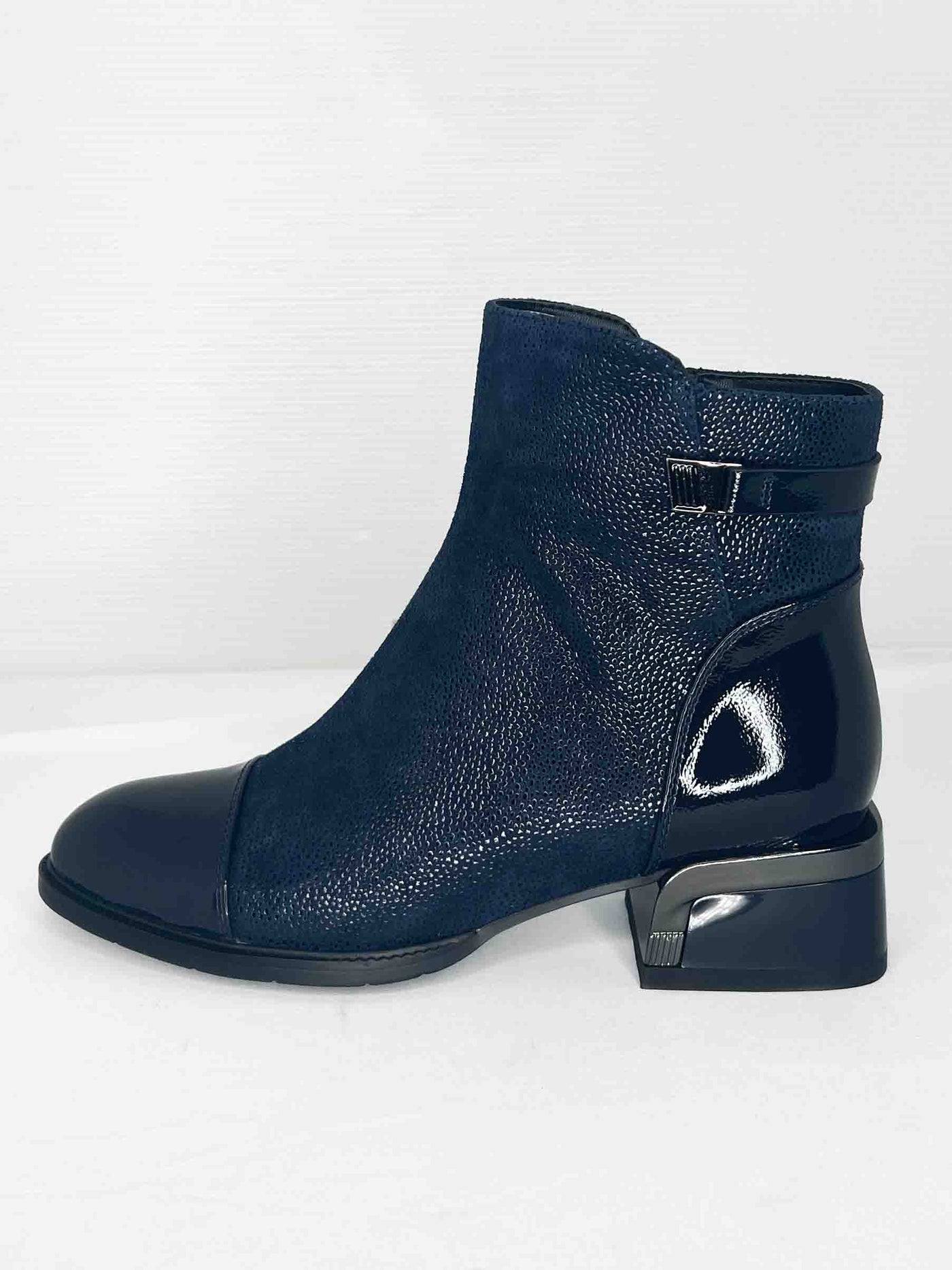 Navy Leatherette & Glitter Suede Heeled Boot