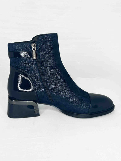 Navy Leatherette & Glitter Suede Heeled Boot