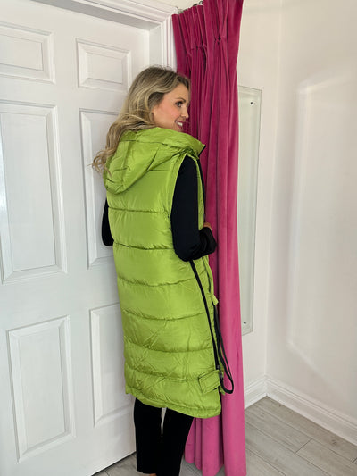 Olive Green Long Puffer Gilet with Side Zips