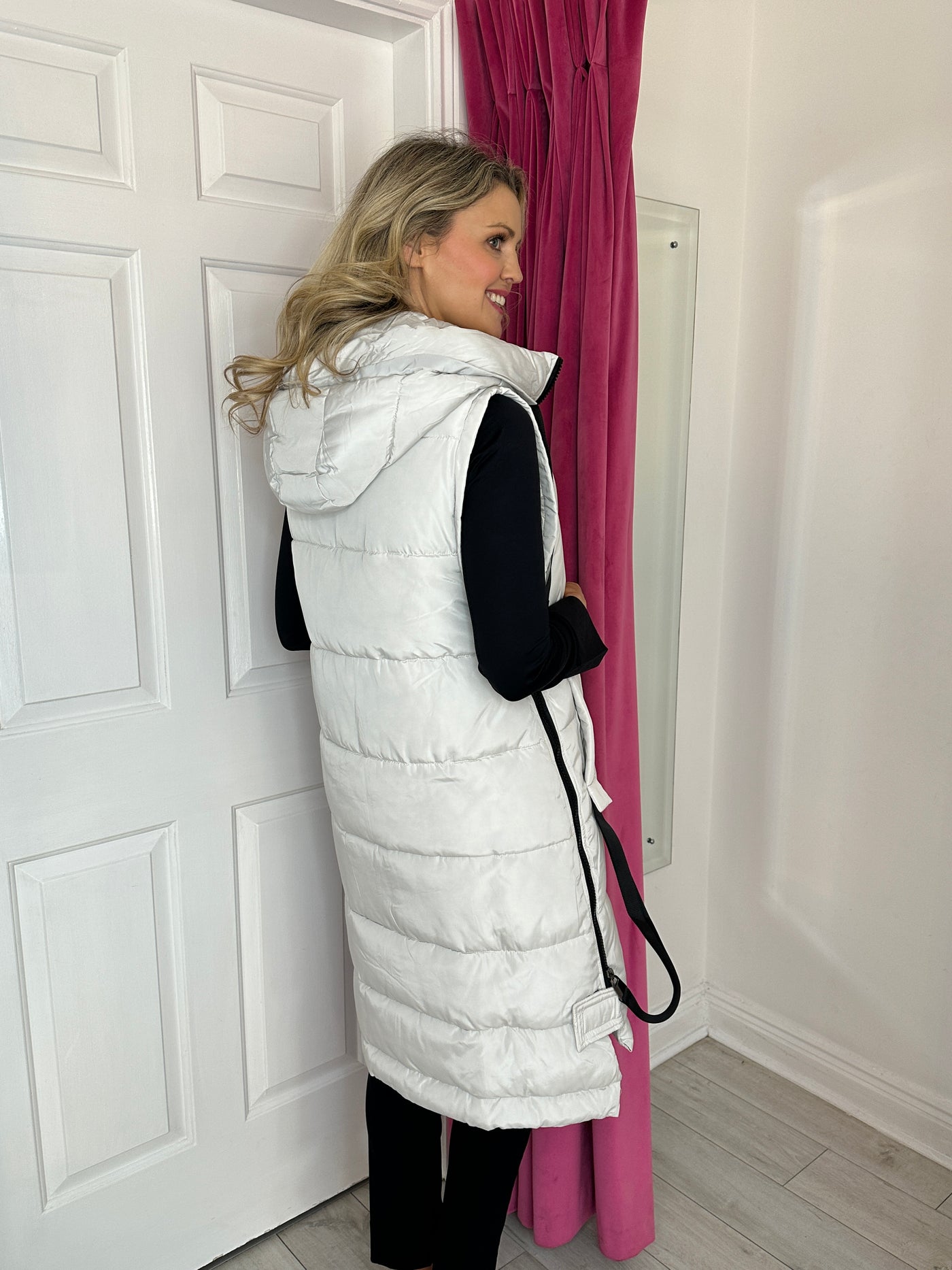 Stone Long Puffer Gilet with Side Zips