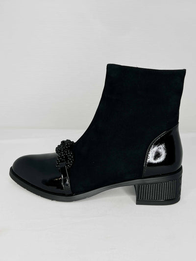 Black Boot With Patent Toe & Beading Detail