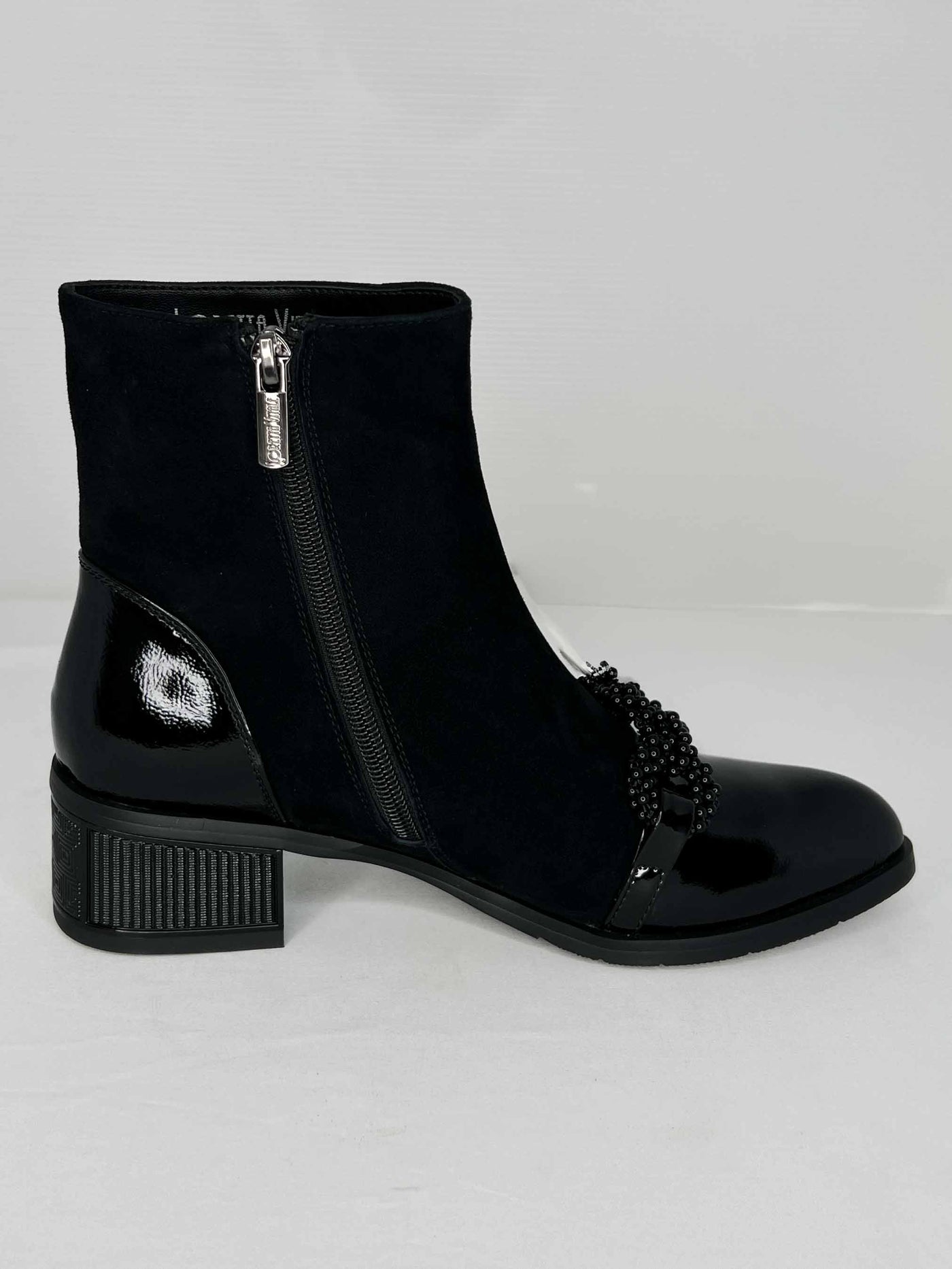 Black Boot With Patent Toe & Beading Detail