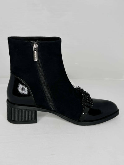 Black Boot With Patent Toe & Beading Detail