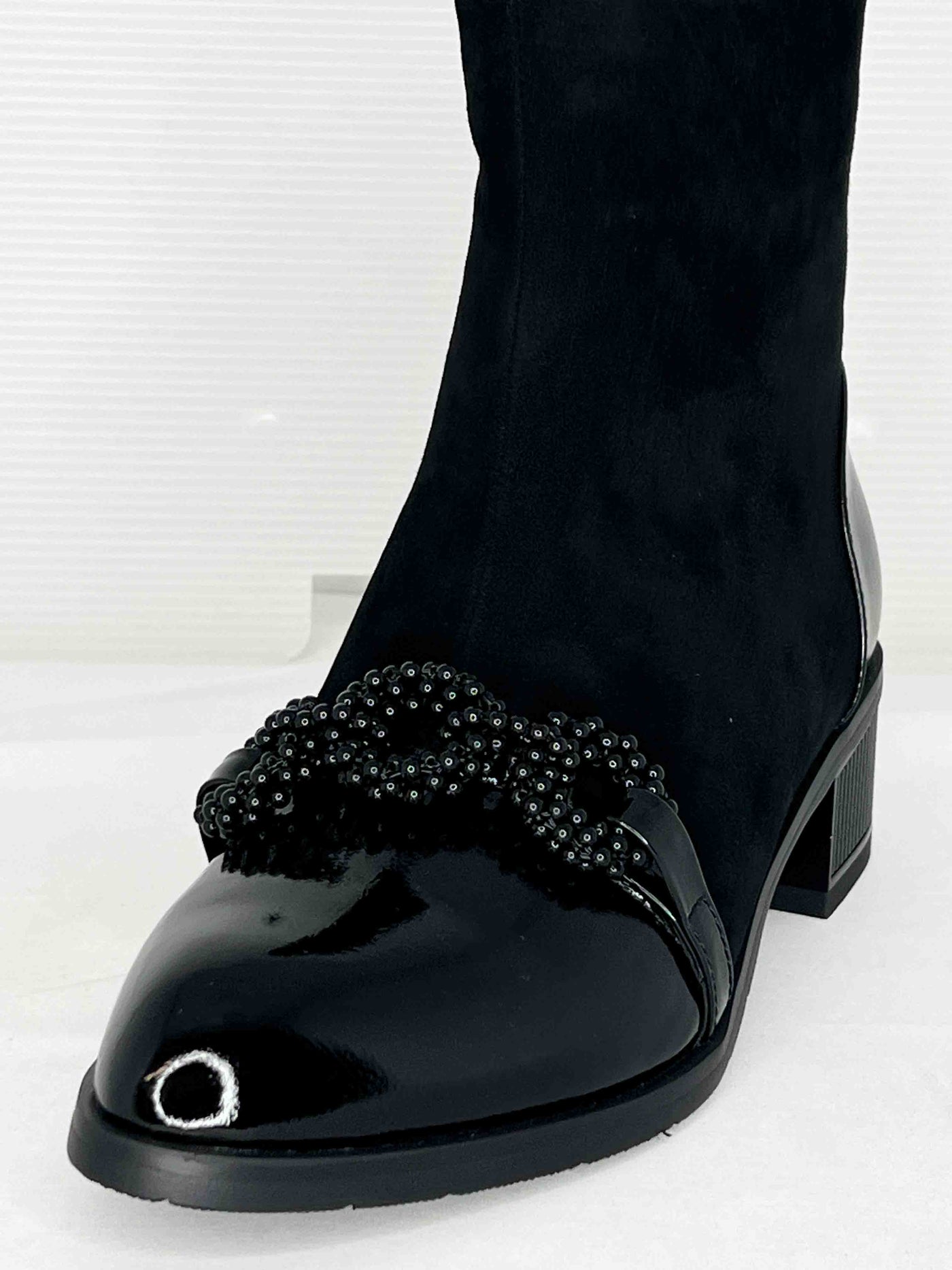 Black Boot With Patent Toe & Beading Detail